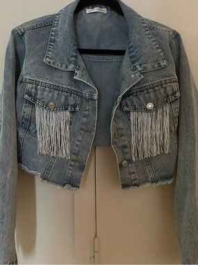 Hazel and Olive Light Blue Cropped Denim Jacket with Silver Fringe